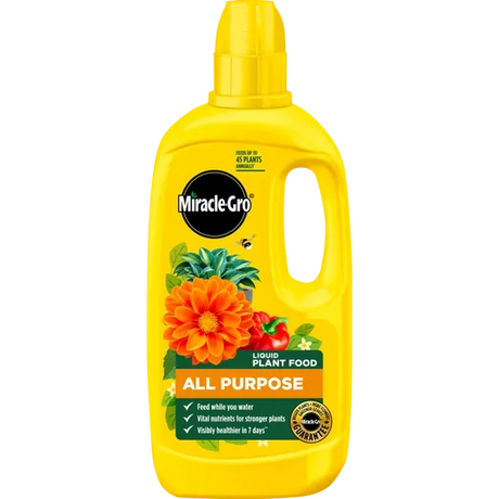 A yellow bottle of Miracle-Gro All Purpose Liquid Plant Food on a plain white background.
