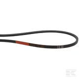 A black rubber industrial belt with a red stripe and white printed text, shown on a plain white background.