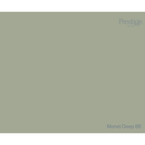 A solid color swatch card for Prestige fabric, showing the colour 'Monet Deep 86' in a muted sage green-grey tone, with the Prestige logo in the top right and the color name in the bottom right.