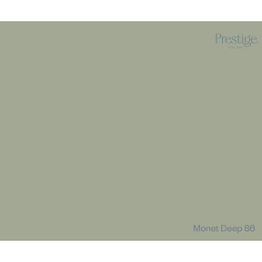 A solid color swatch card for Prestige fabric, showing the colour 'Monet Deep 86' in a muted sage green-grey tone, with the Prestige logo in the top right and the color name in the bottom right.