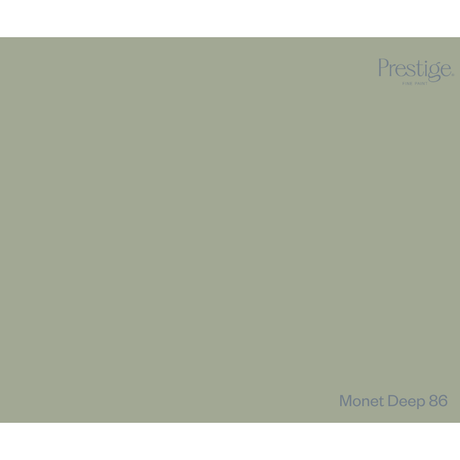A solid color swatch card for Prestige fabric, showing the colour 'Monet Deep 86' in a muted sage green-grey tone, with the Prestige logo in the top right and the color name in the bottom right.
