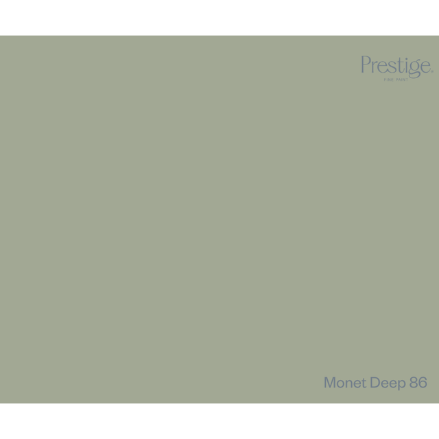 A solid color swatch card for Prestige fabric, showing the colour 'Monet Deep 86' in a muted sage green-grey tone, with the Prestige logo in the top right and the color name in the bottom right.