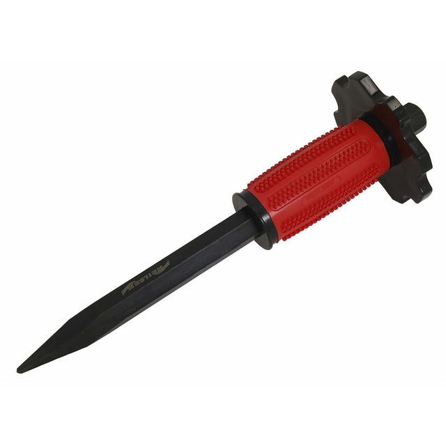 A tactical survival tool featuring a black metal spearhead and a textured red handle, shown on a plain white background.