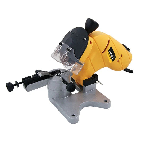 Yellow and black oscillating tool on a white background. Nielsen CT2912 Chainsaw Blade Sharpener