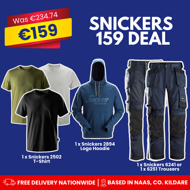 Promotional graphic for a 'Snickers 159 Deal' showing multiple Snickers apparel items: olive green and white T-shirts, a blue Snickers 2894 logo hoodie, and dark cargo pants. Large text reads 'Snickers 159 Deal' with a price badge showing €159, and a red footer banner with delivery information. Snickers 159 Workwear Deal | T-Shirt, Hoodie &amp; Trousers