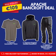 Promotional graphic for an Apache Bancroft deal showing three apparel items: a gray short-sleeve T-shirt, a black hooded sweatshirt, and black cargo work pants, on a blue background with sale text and product labels.