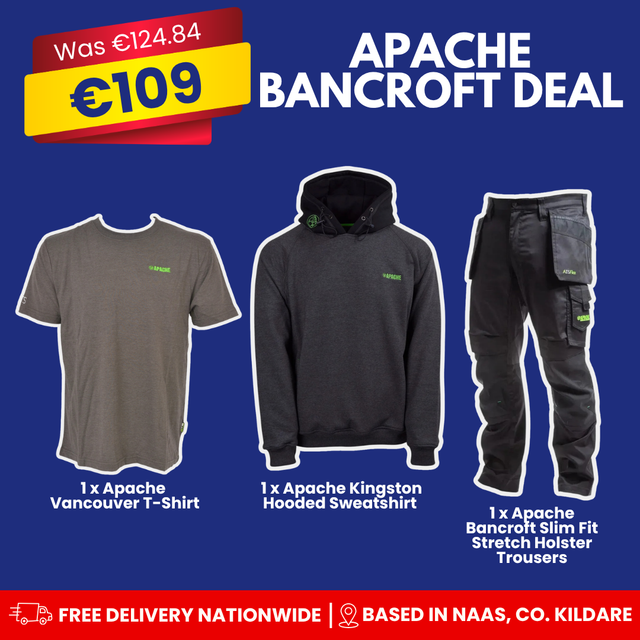 Promotional graphic for an Apache Bancroft deal showing three apparel items: a gray short-sleeve T-shirt, a black hooded sweatshirt, and black cargo work pants, on a blue background with sale text and product labels.