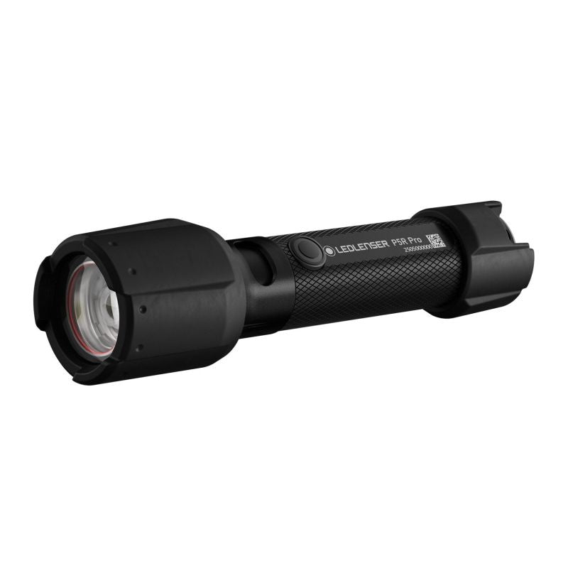 Black flashlight with visible brand logo on a white background