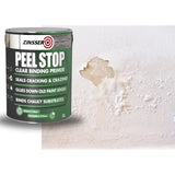 A 5L can of Zinsser Peel Stop Clear Binding Primer shown next to a textured white wall with a peeled paint section demonstrating the product's effect.