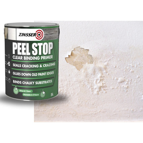 A 5L can of Zinsser Peel Stop Clear Binding Primer shown next to a textured white wall with a peeled paint section demonstrating the product's effect.