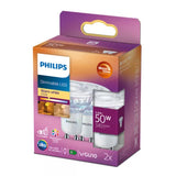 A package of two Philips LED light bulbs in warm white, 5W, with a purple and orange gradient box on a white background.