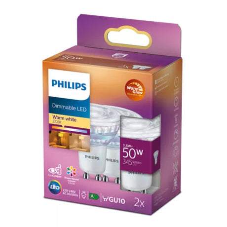 A package of two Philips LED light bulbs in warm white, 5W, with a purple and orange gradient box on a white background.