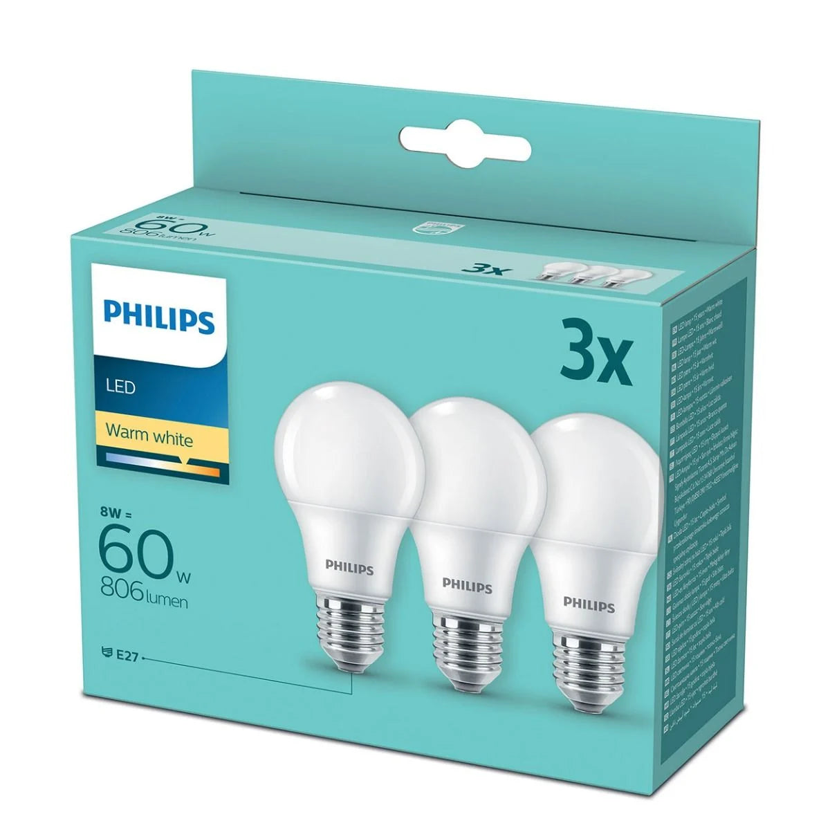 Philips LED 60W E27 806 Lumen in Warm White | Pack of 3