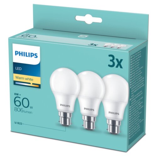 A 3-pack of Philips LED B22 light bulbs in warm white, shown in their original light blue and white retail packaging.