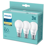 A 3-pack of Philips LED B22 light bulbs in warm white, shown in their original light blue and white retail packaging.