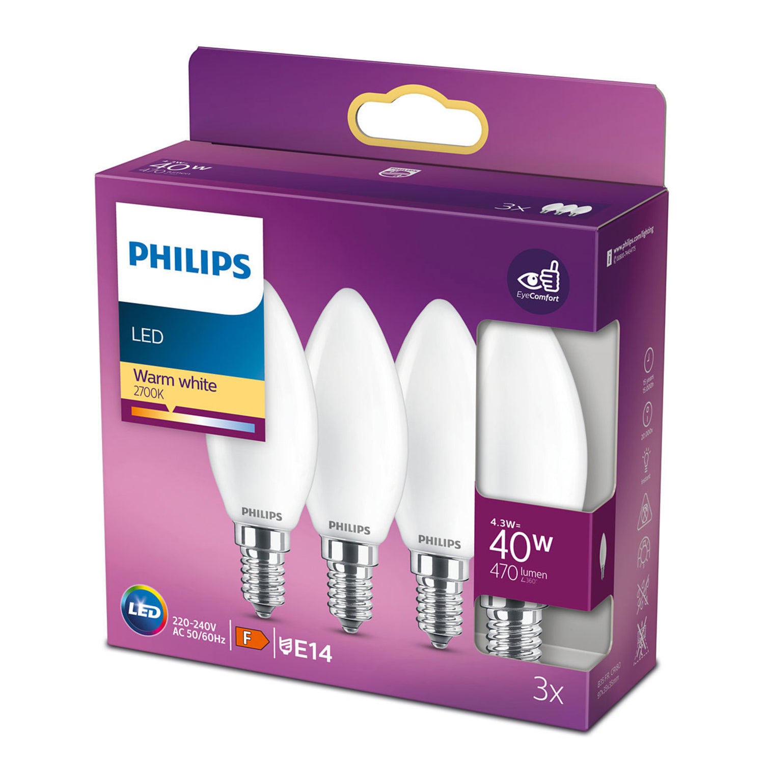 Philips LED Candle Bulb E14 – 470 Lumen Warm White | Pack of 3