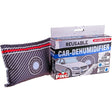 A reusable car dehumidifier pouch with a carbon fiber pattern and red and white stripes, shown next to its retail packaging box by PING! on a white background.