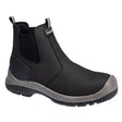 Black rubber boot with a gray sole on a white background