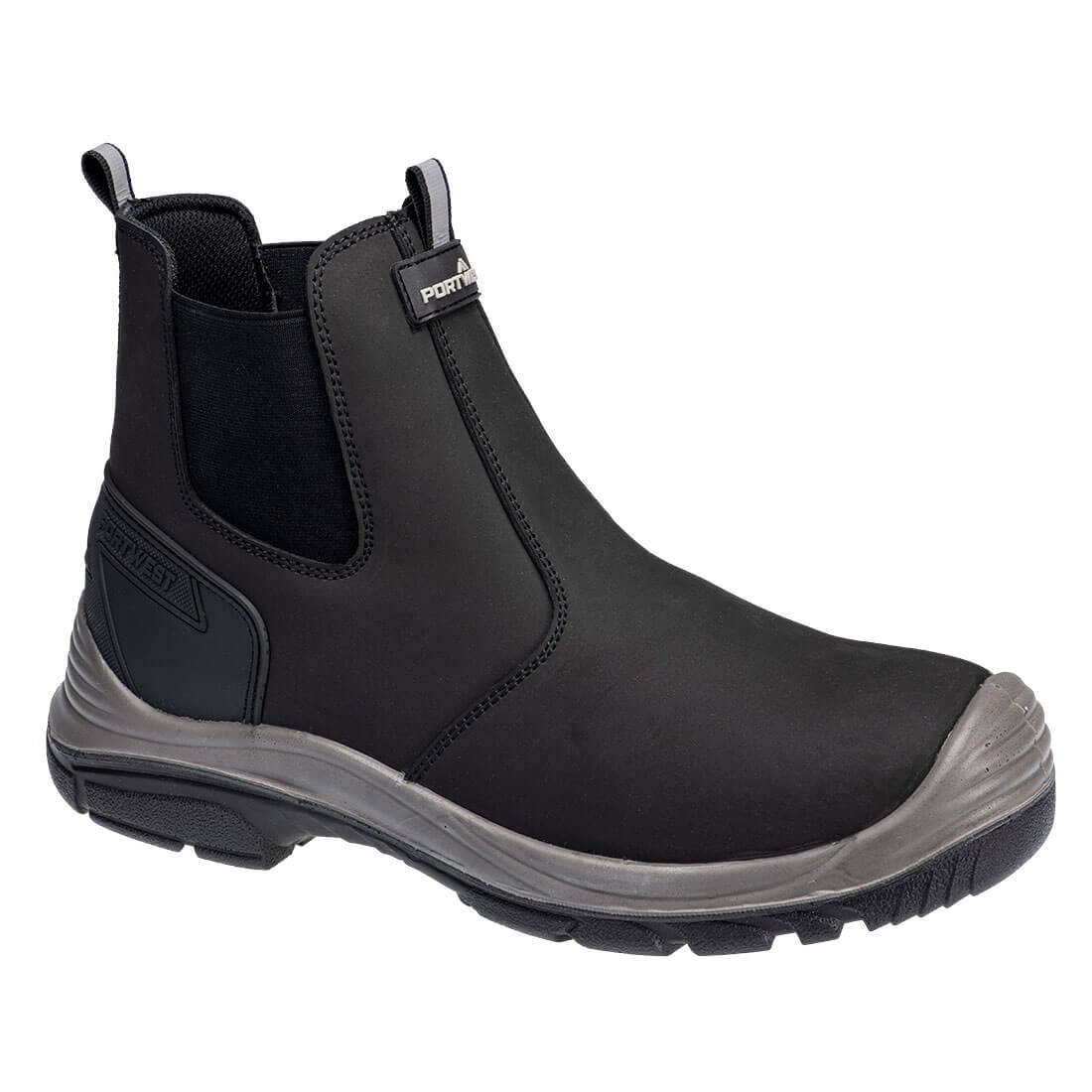 Black rubber boot with a gray sole on a white background
