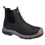 Black rubber boot with a gray sole on a white background