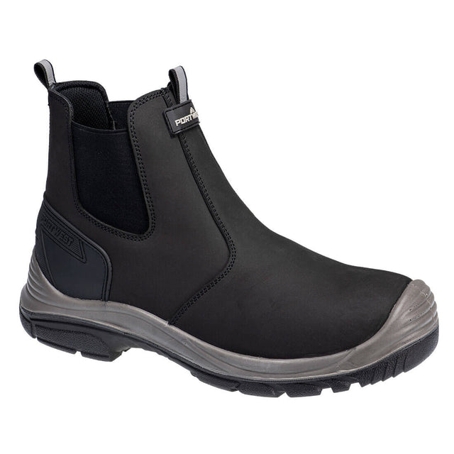 Black rubber boot with a gray sole on a white background