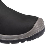 Close-up of a black slip-on shoe or boot toe area with a gray protective bumper and black treaded sole on a white background.