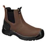Brown Chelsea boot with black sole on a white background