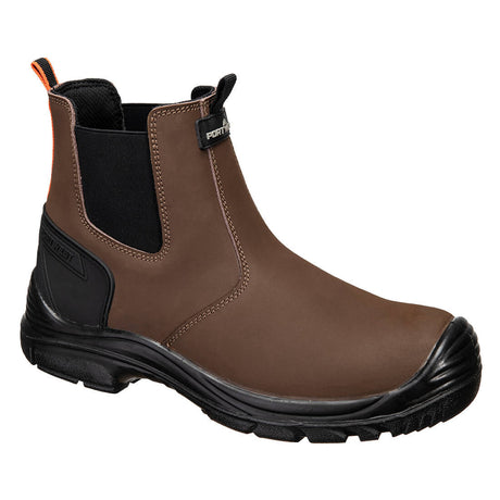 Brown Chelsea boot with black sole on a white background