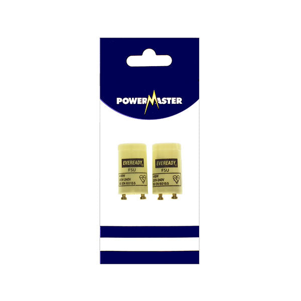 Two EverGara F3U power capacitors in a blister pack with a blue and white card backing, branded POWER MASTER.
Powermaster 4-65w Fluorescent Starter