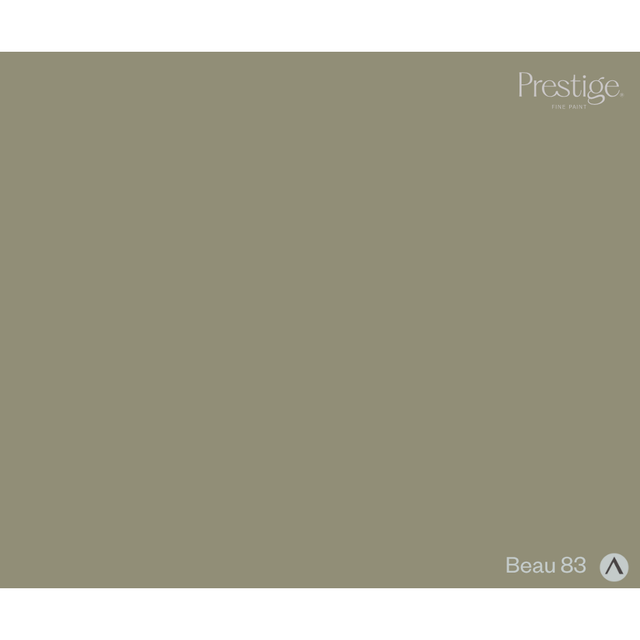 A solid color swatch card for Prestige Paints, showing the color 'Beau 83' in a muted, warm grayish-brown tone. The Prestige logo is visible in the top right corner, and 'Beau 83' is labeled in the bottom right corner.