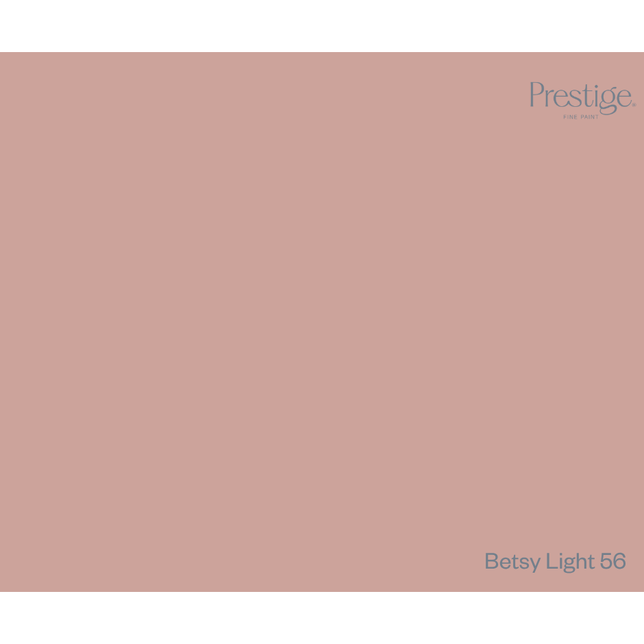 Prestige Betsy Light
A solid colour swatch card for Prestige Enamel Paint in the shade 'Betsy Light 56', featuring a dusty rose pink background with the brand logo in the top right and the shade name in the bottom right.