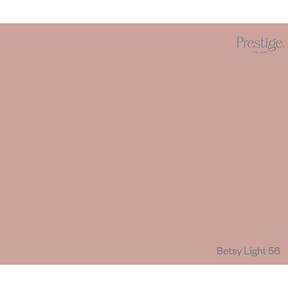 Prestige Betsy Light
A solid colour swatch card for Prestige Enamel Paint in the shade 'Betsy Light 56', featuring a dusty rose pink background with the brand logo in the top right and the shade name in the bottom right.