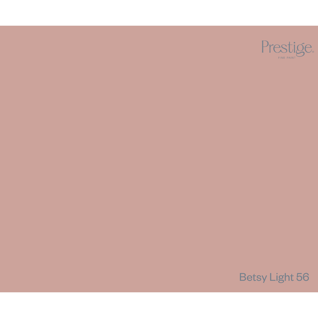 Prestige Betsy Light
A solid colour swatch card for Prestige Enamel Paint in the shade 'Betsy Light 56', featuring a dusty rose pink background with the brand logo in the top right and the shade name in the bottom right.
