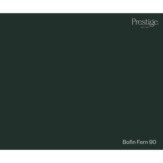 Prestige Boffin Fern
A dark forest green color swatch labeled 'Prestige Fine Paint' in the top right and 'Bofin Fern 90' in the bottom right.