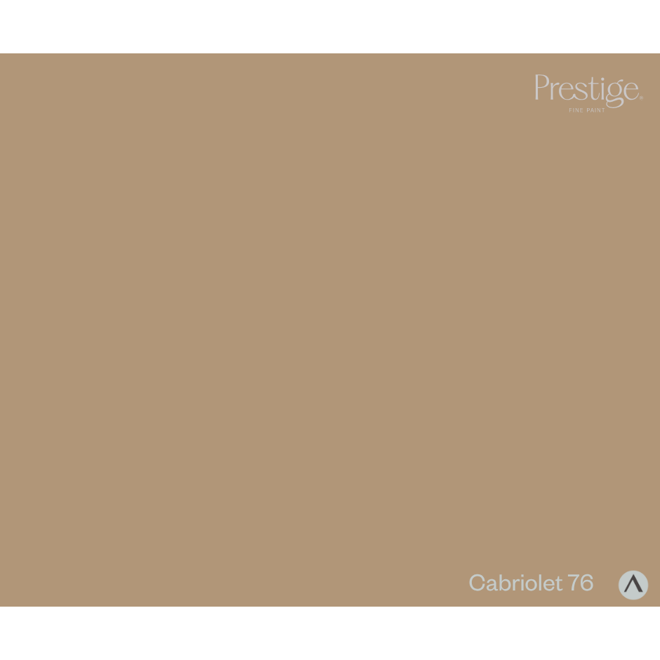 A solid color swatch card for Prestige Fabrics in the 'Cabriolet 76' shade, featuring a warm taupe-beige background with the Prestige brand logo in the top right and the shade name in the bottom right.
Prestige Cabriolet Paint