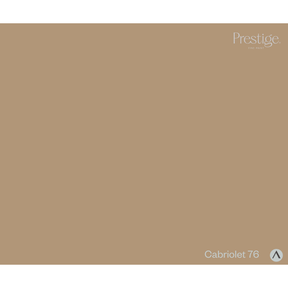 A solid color swatch card for Prestige Fabrics in the 'Cabriolet 76' shade, featuring a warm taupe-beige background with the Prestige brand logo in the top right and the shade name in the bottom right.
Prestige Cabriolet Paint
