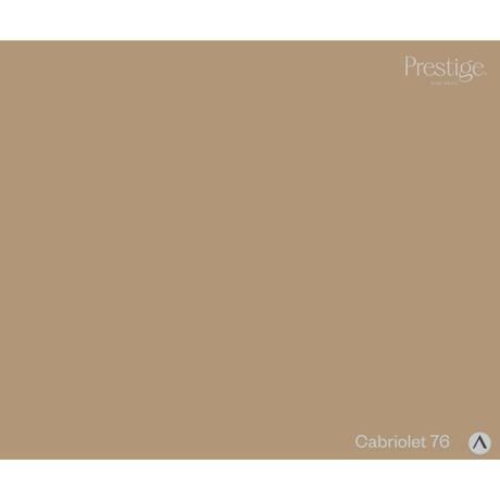 A solid color swatch card for Prestige Fabrics in the 'Cabriolet 76' shade, featuring a warm taupe-beige background with the Prestige brand logo in the top right and the shade name in the bottom right.
Prestige Cabriolet Paint