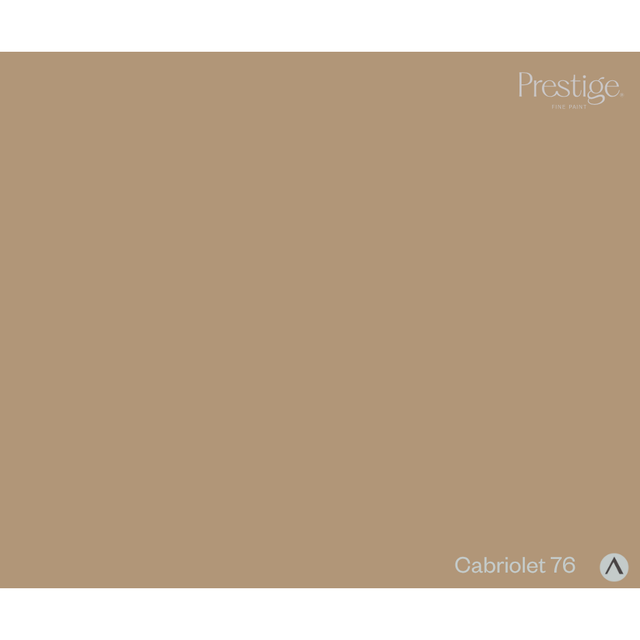 A solid color swatch card for Prestige Fabrics in the 'Cabriolet 76' shade, featuring a warm taupe-beige background with the Prestige brand logo in the top right and the shade name in the bottom right.
Prestige Cabriolet Paint