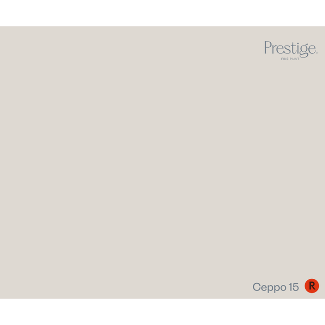A solid light warm gray-beige color swatch with the Prestige Fine Furnishings logo in the top right and the text 'Ceppo 15' with a red 'R' circle mark in the bottom right.