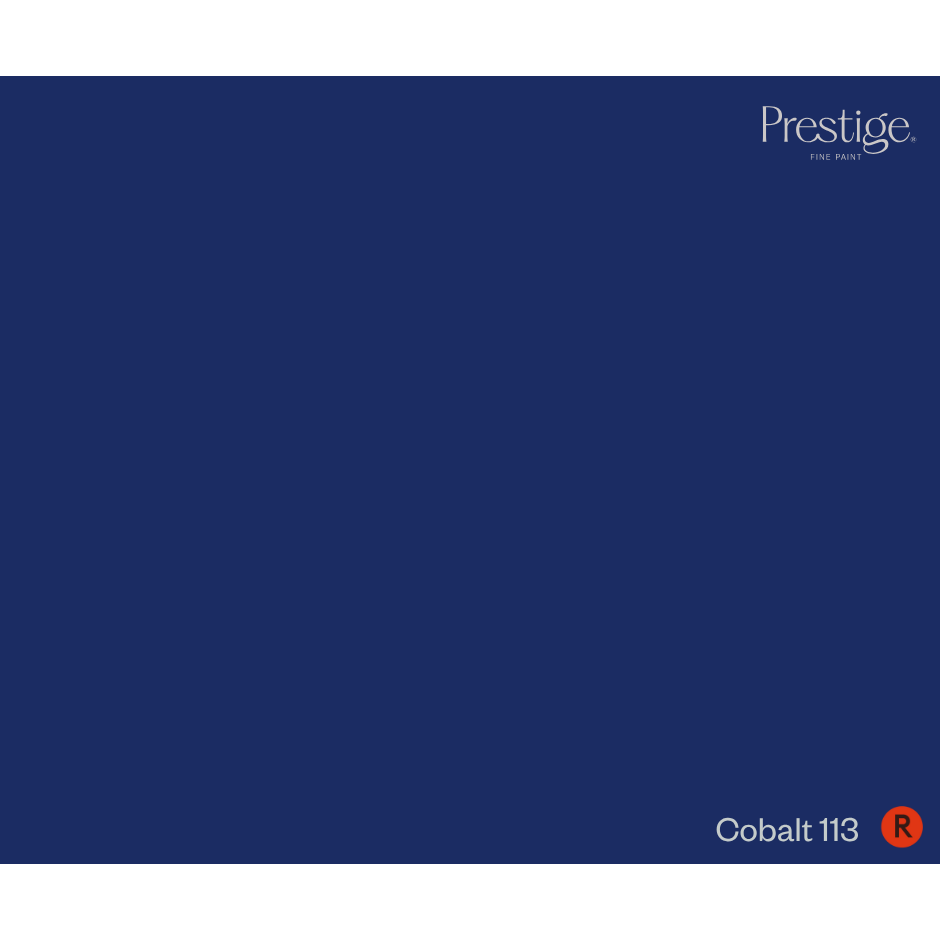 A solid dark blue color swatch card labeled 'Prestige' in the top right and 'Cobalt 113' with an 'R' mark in the bottom right.