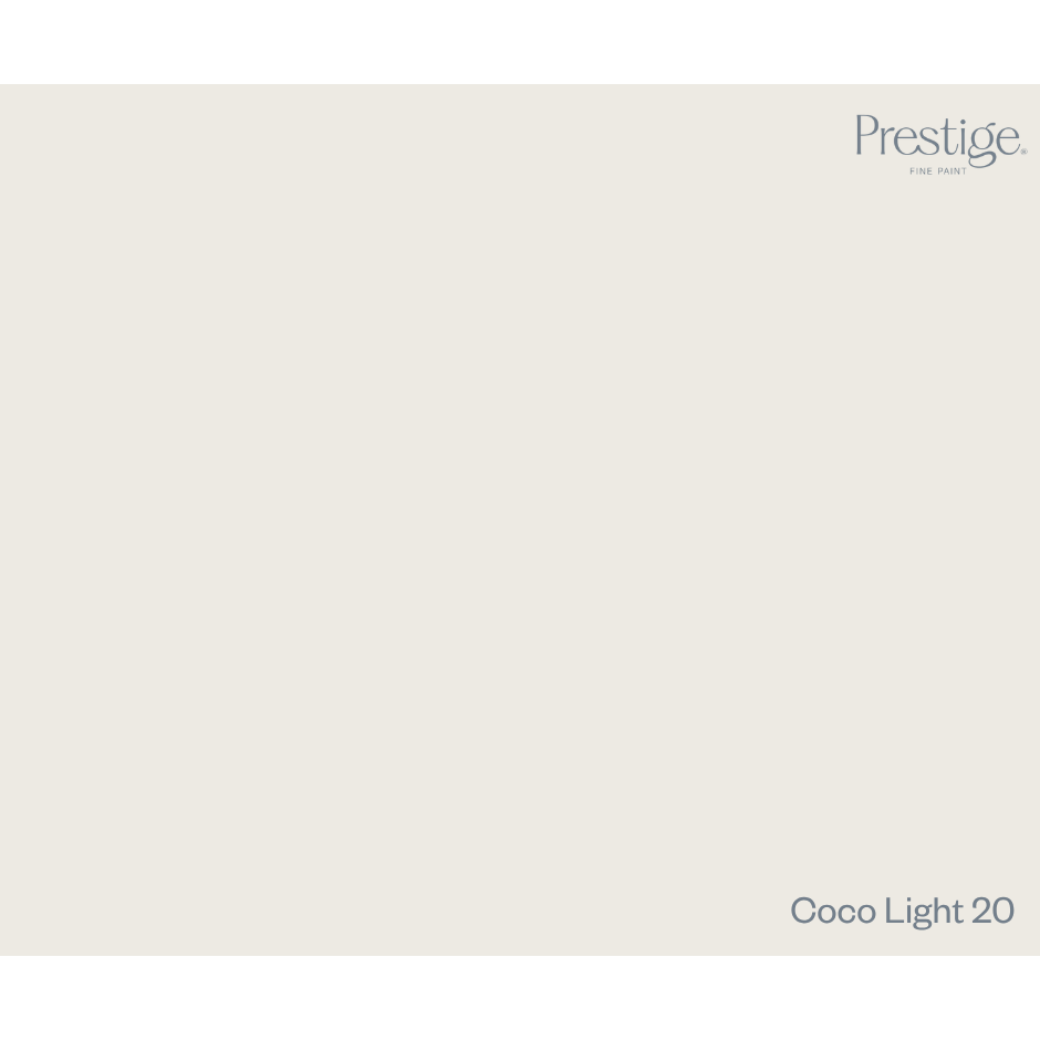 A flat, warm off-white color swatch labeled 'Prestige. Coco Light 20' in the bottom right corner. Prestige Coco Light