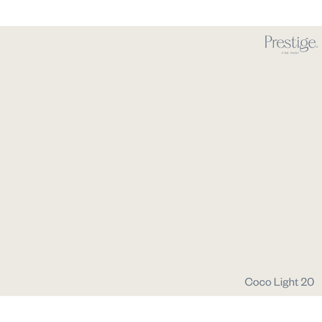 A flat, warm off-white color swatch labeled 'Prestige. Coco Light 20' in the bottom right corner. Prestige Coco Light