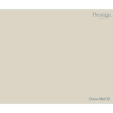 A solid color swatch card for Prestige Fine Paint in the shade Coco Mid 21, showing a warm light beige-gray color with the brand logo in the top right and the shade name in the bottom right.
Prestige Coco Mid