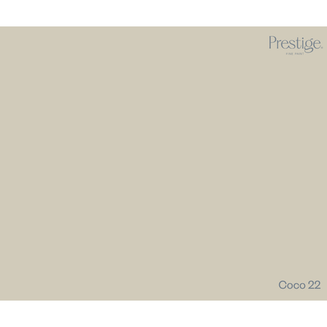 A solid color swatch card for Prestige Fine Furnishings, showing the color Coco 22, a warm light beige with a subtle gray undertone.