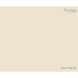 A solid color swatch card for Prestige Fine Paint in 'Coco Pale 19', showing a warm cream-beige color with the brand and product name printed in the corners.