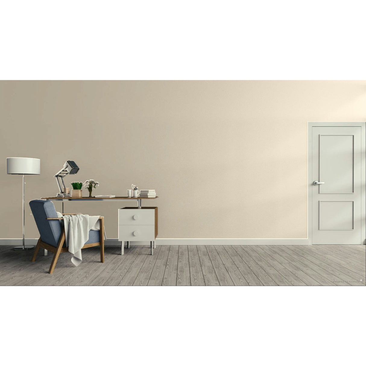 A minimalist interior room scene with a beige wall, gray wood floor, a white door on the right, and a home office setup on the left featuring a desk, lamp, chair, and small cabinet.