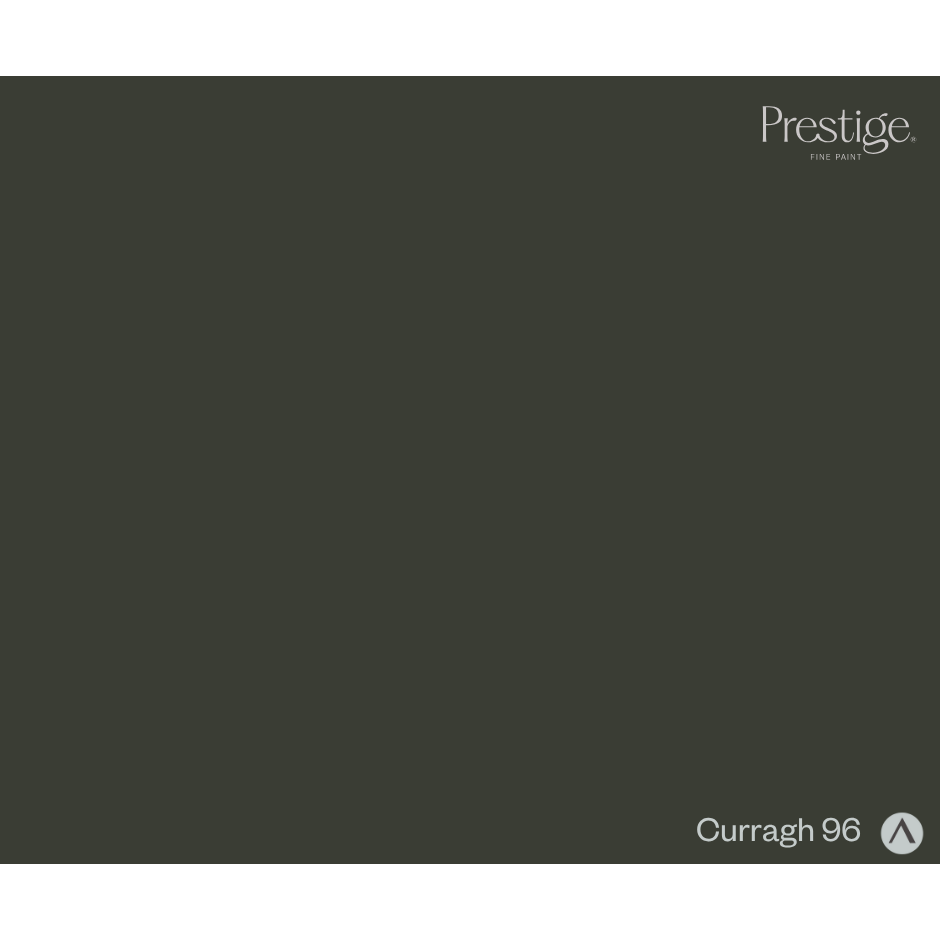 A solid dark charcoal gray color swatch with the Prestige brand logo in the top right corner and the text 'Curragh 96' with a paint drop icon in the bottom right corner.