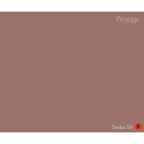 A solid color swatch card for Prestige Fine Paint in the color 'Dedar 58', showing a muted dusty rose or mauve tone with the Prestige logo in the top right and the color name 'Dedar 58' with a red 'R' circle in the bottom right.