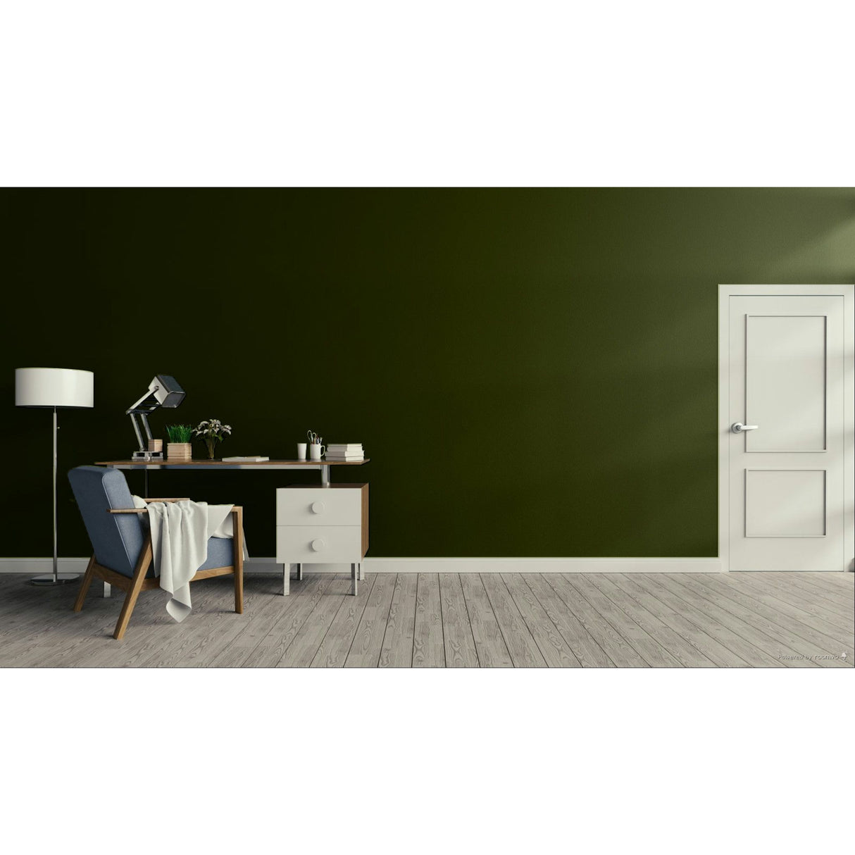 A modern interior room scene with a large warm brown wall, light wood floor, white door on the right, and a furnished study area on the left including a desk, chair with draped throw, lamp, and small cabinet.
Prestige Electric Pickle Paint