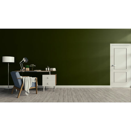 A modern interior room scene with a large warm brown wall, light wood floor, white door on the right, and a furnished study area on the left including a desk, chair with draped throw, lamp, and small cabinet.
Prestige Electric Pickle Paint
